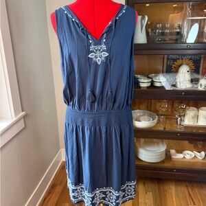 J. Jill Navy Blue Sleeveless Embroidered Boho Dress Size M Rayon Summer Casualu